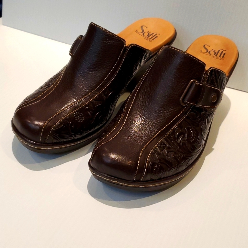 Brown Leather Embossed Clog Mules
